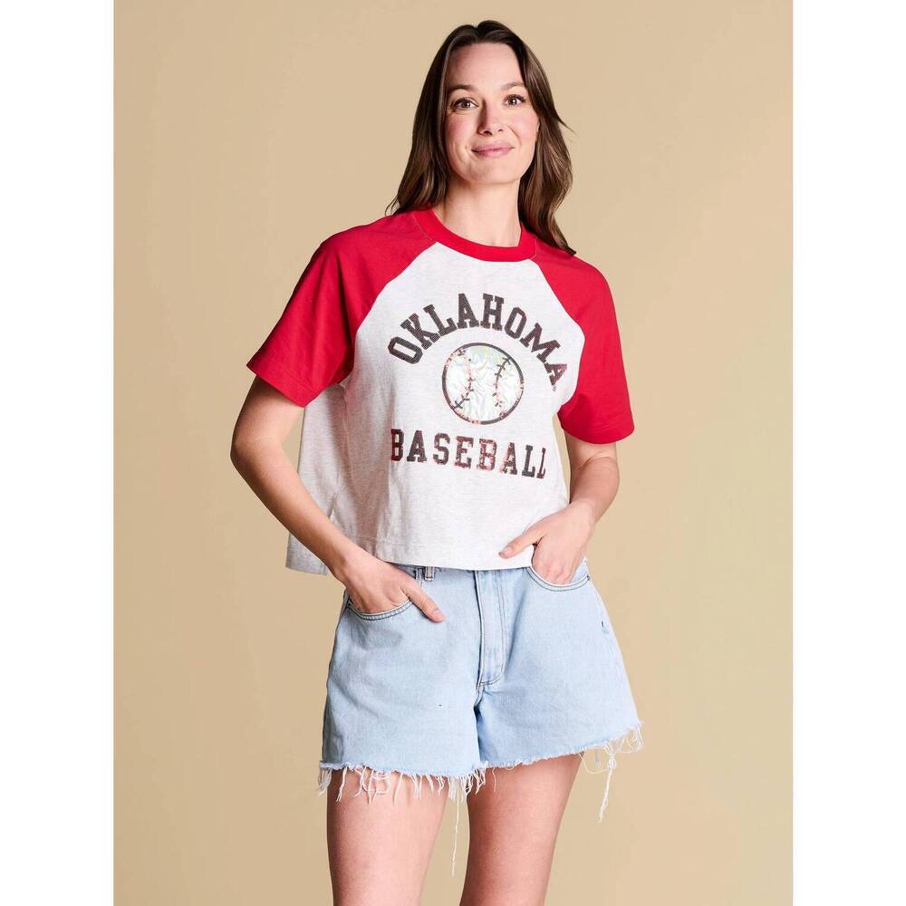 NEW STEWART SIMMONS dugout sequin short sleeve tee in red/white